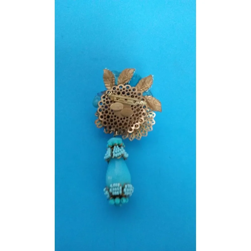 Vintage Turquoise Brooch‎ Beaded Floral Dangle Pin Statement Jewelry